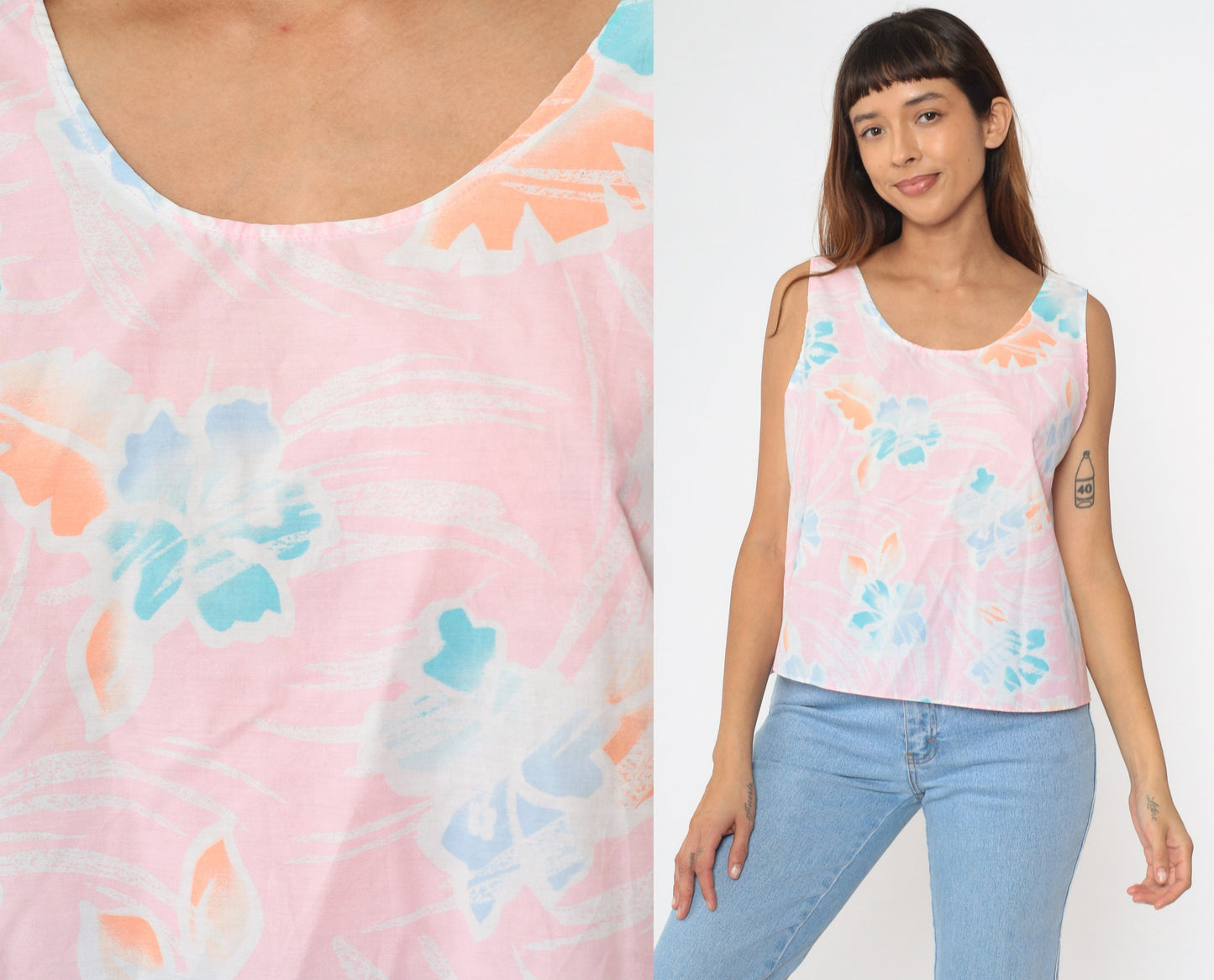 90s Hilo Hattie Tropical Floral Tank Top Pink Hibiscus Print Extra Large XXL