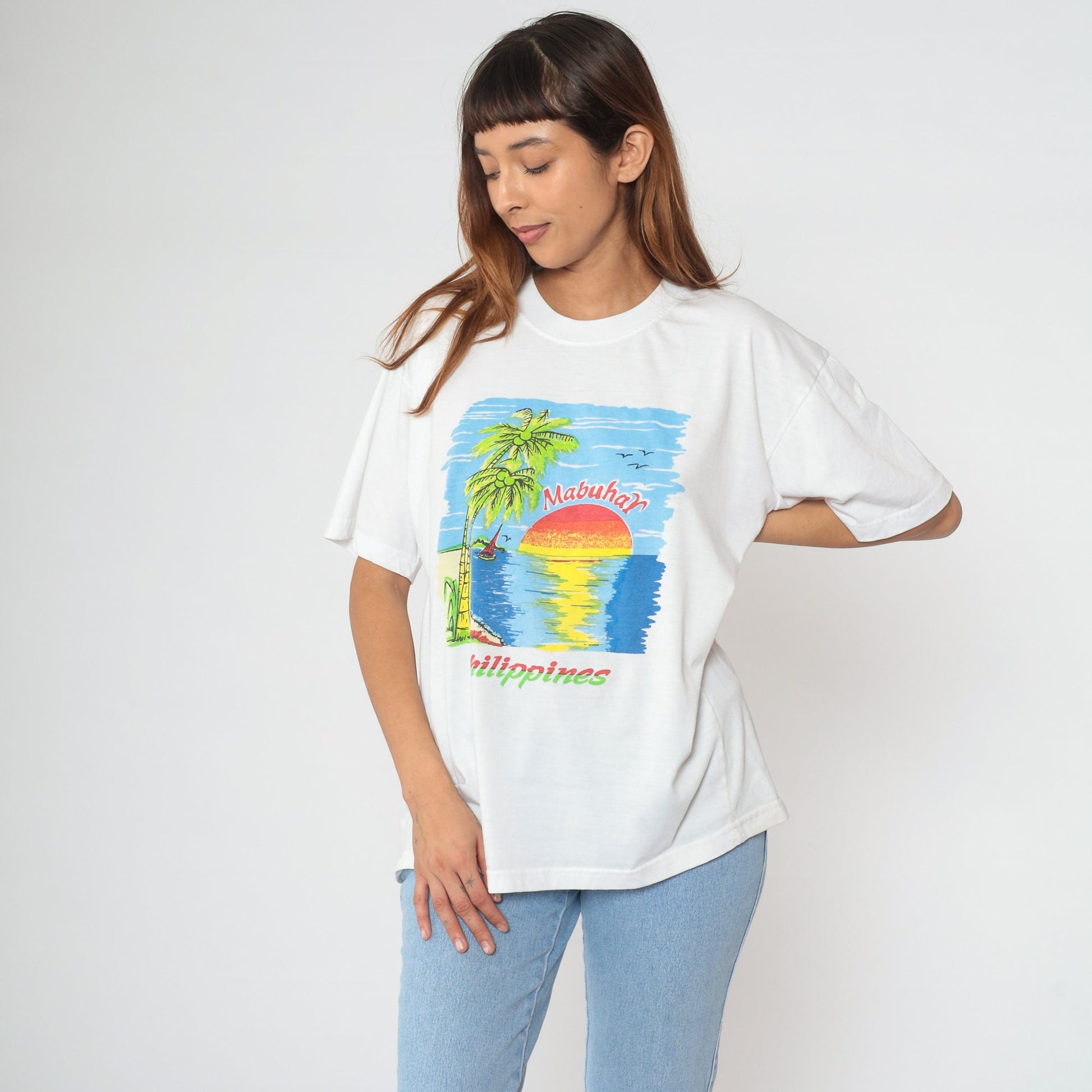 Y2K Philippines Mabuhay Graphic T-Shirt Tropical Beach Palm Tree Sailboat Large