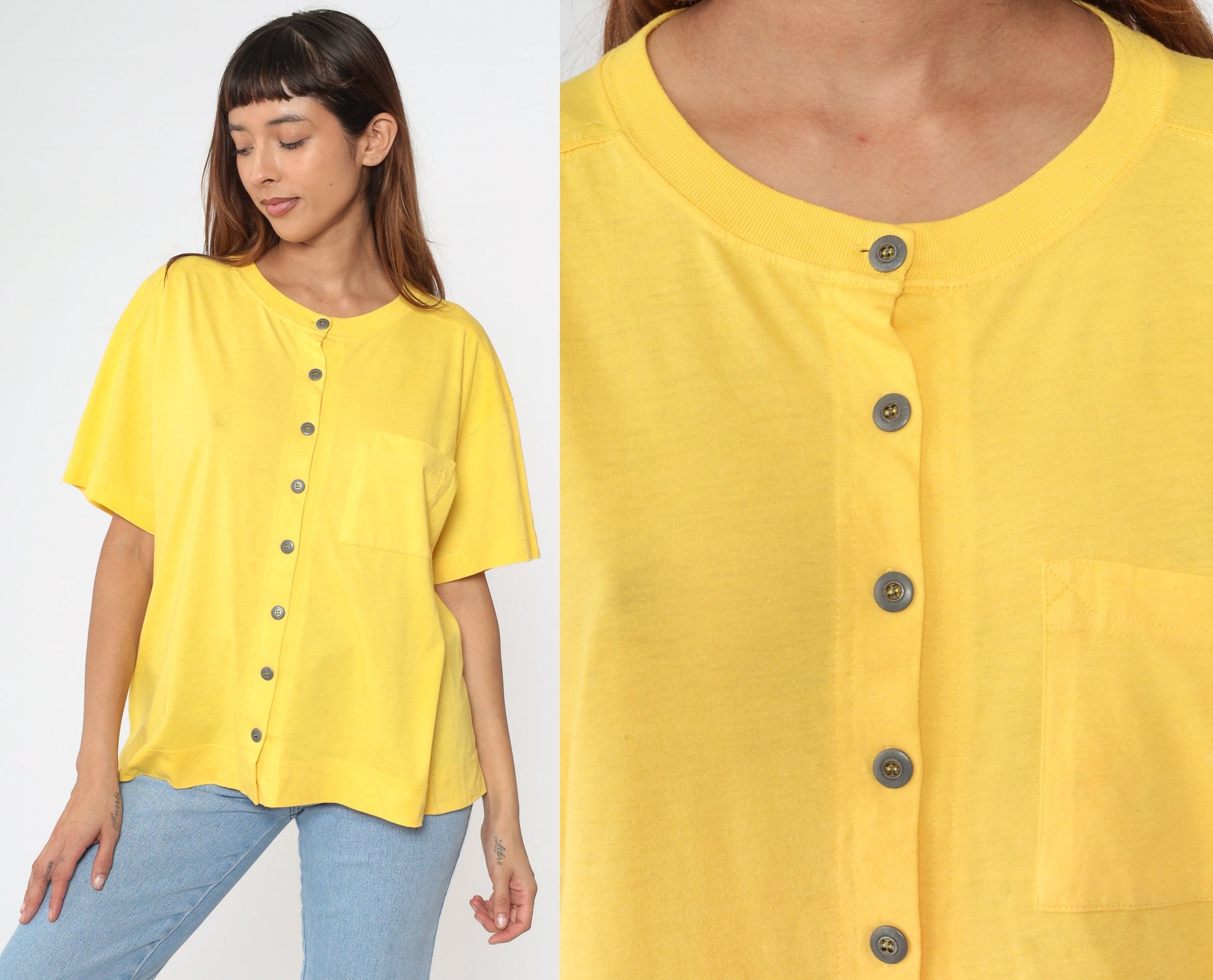 90s Yellow Cotton Button-Up Shirt Pocket Tee Medium