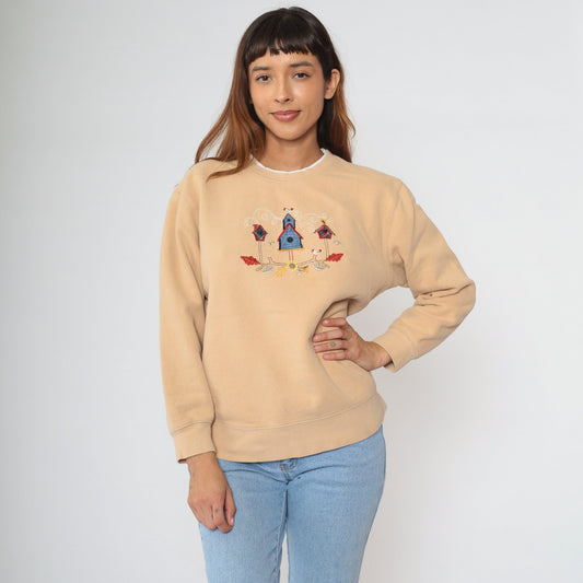 90s Birdhouse Embroidered Sweatshirt Tan Crewneck Large L