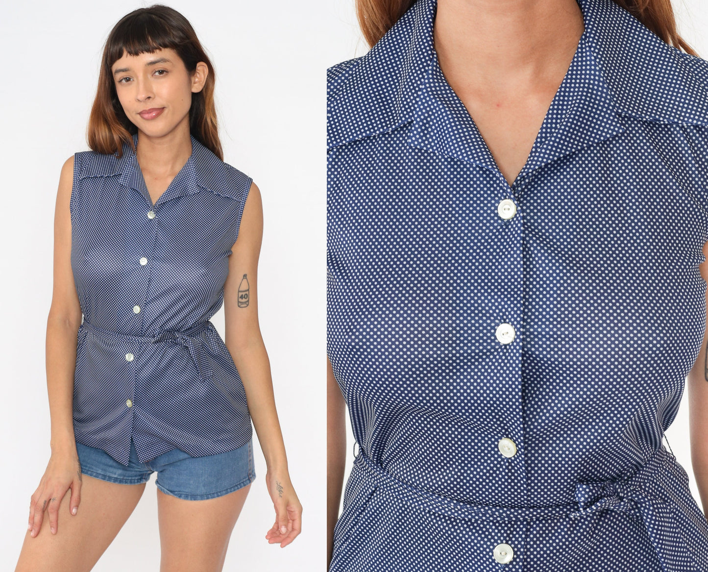 70s Navy Polka Dot Sleeveless Blouse Dagger Collar Button Up Small S