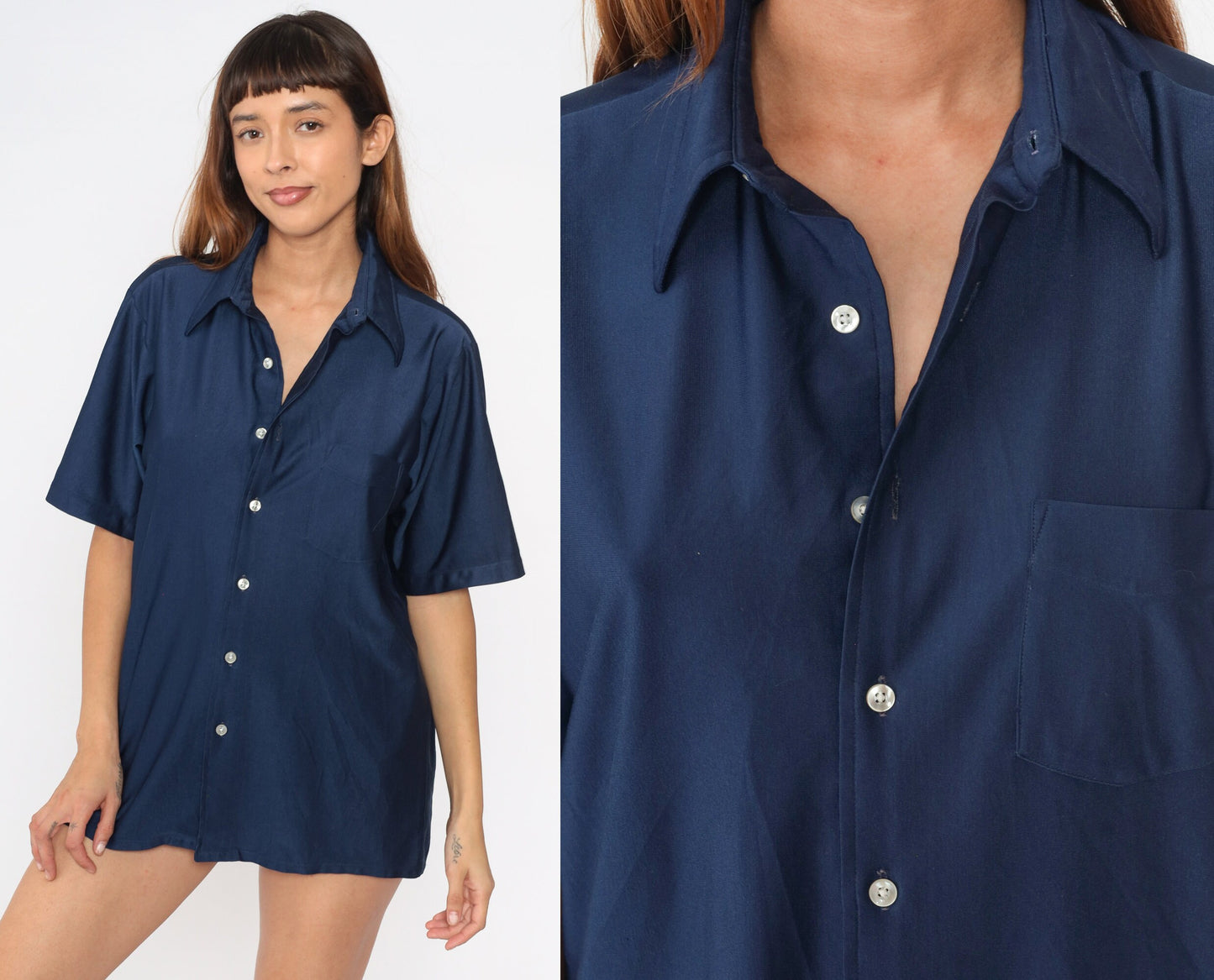 70s Navy Button-Up Shirt Dagger Collar Shiny Disco Short Sleeve Large