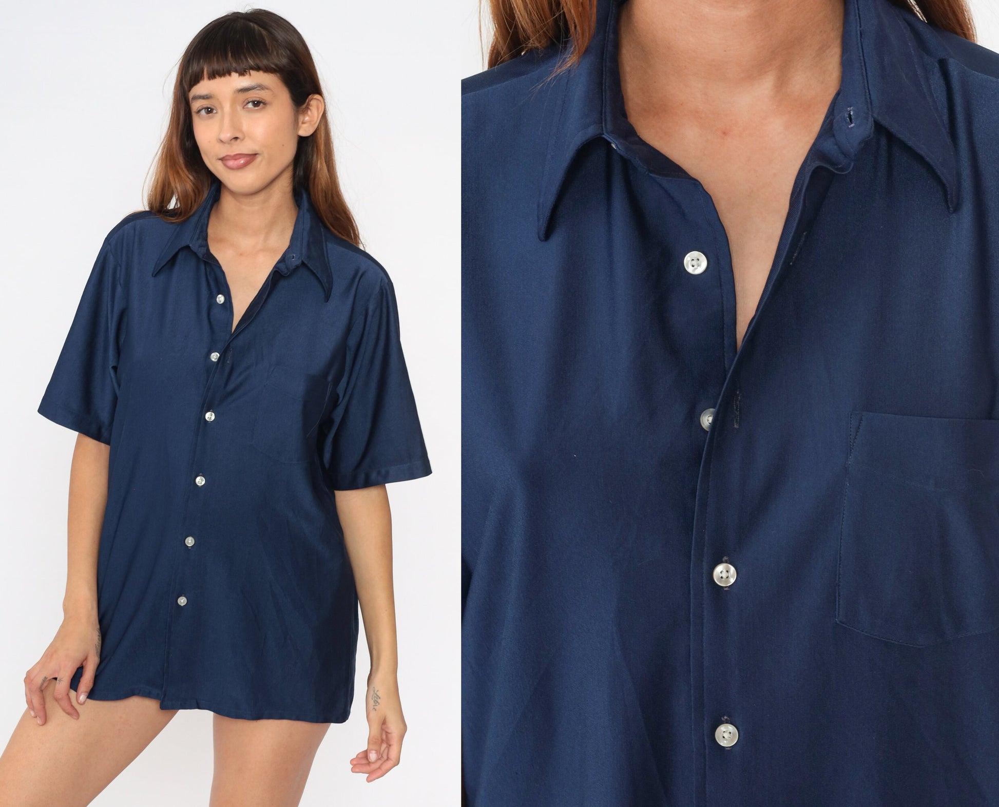 70s Navy Button-Up Shirt Dagger Collar Shiny Disco Short Sleeve Large