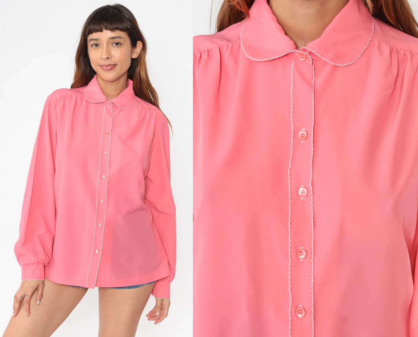 70s Pink Peter Pan Collar Blouse Long Sleeve Button Up Large L