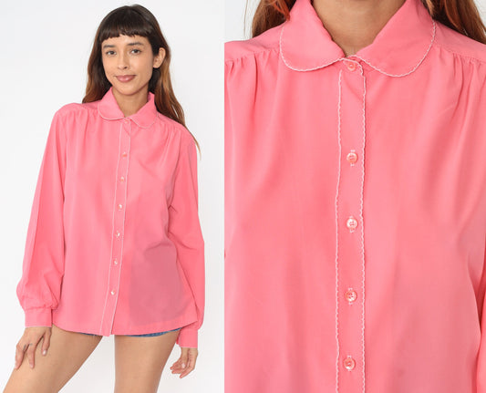 70s Pink Peter Pan Collar Blouse Long Sleeve Button Up Large L