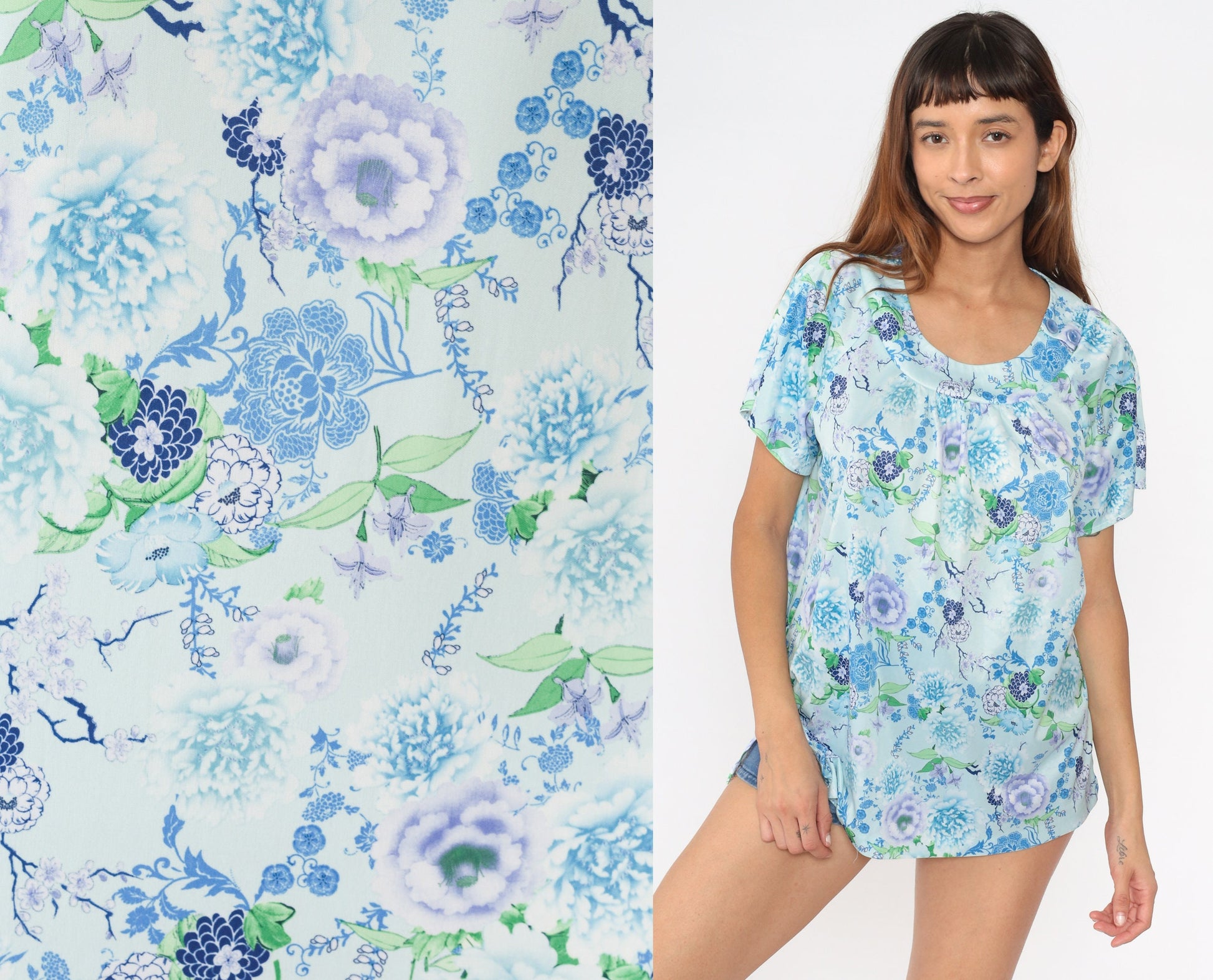 Y2K Light Blue Floral Blouse Short Sleeve Scoop Neck Pullover Medium Large