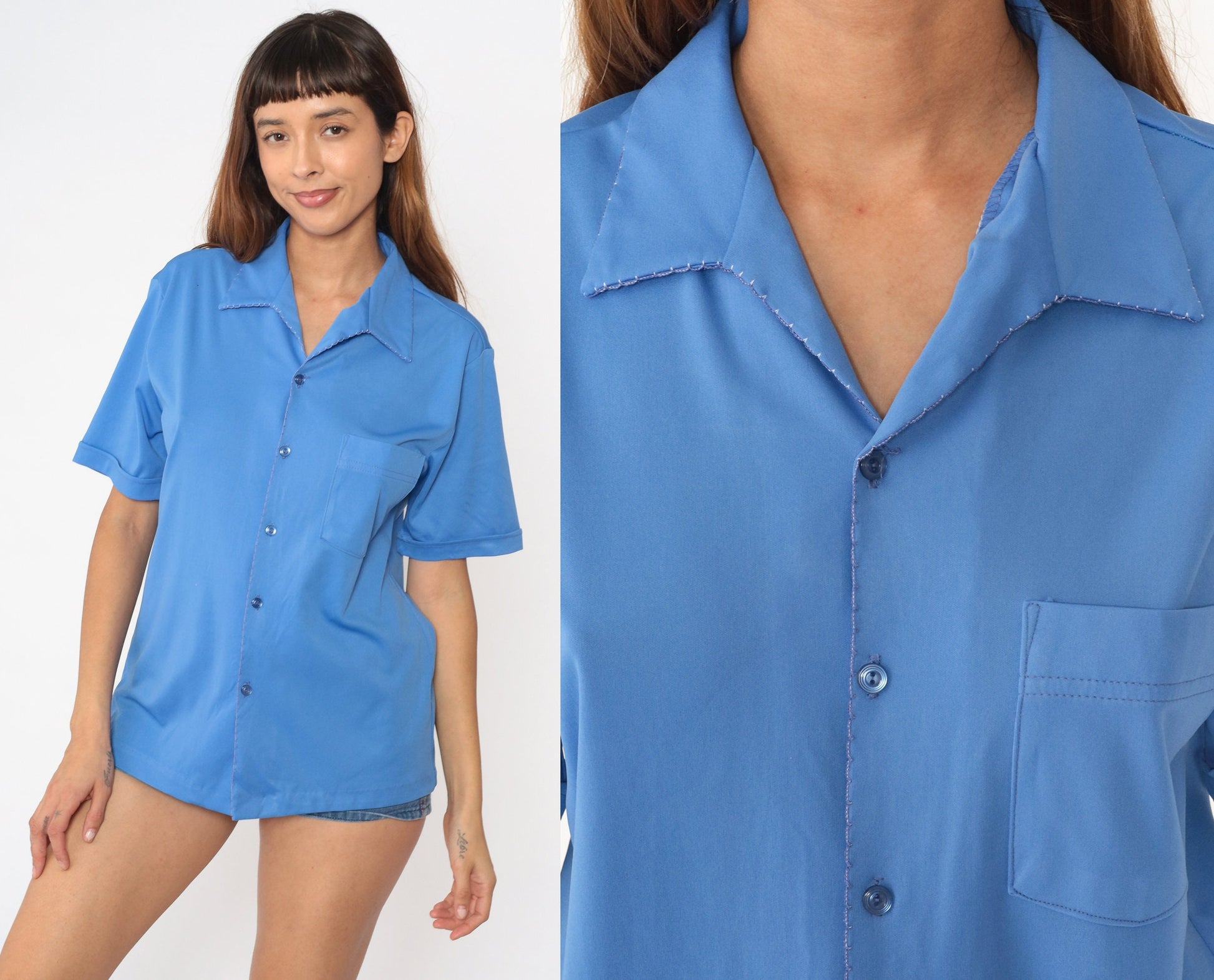 70s Blue Button-Up Shirt Pointed Collar Chest Pocket Short Sleeve Medium Large