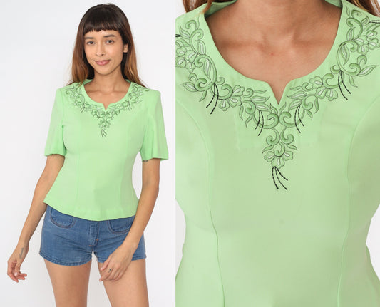 80s Light Green Floral Embroidered Blouse Short Sleeve Fitted Princess Seam Extra Small