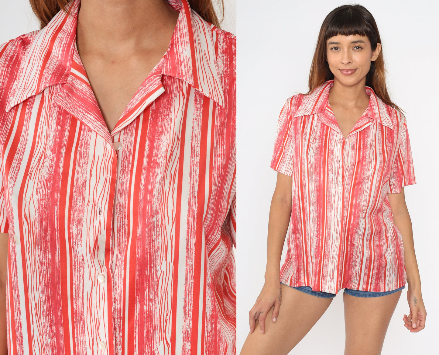 70s Graff Striped Button-Up Blouse Coral Red Orange White Short Sleeve Large