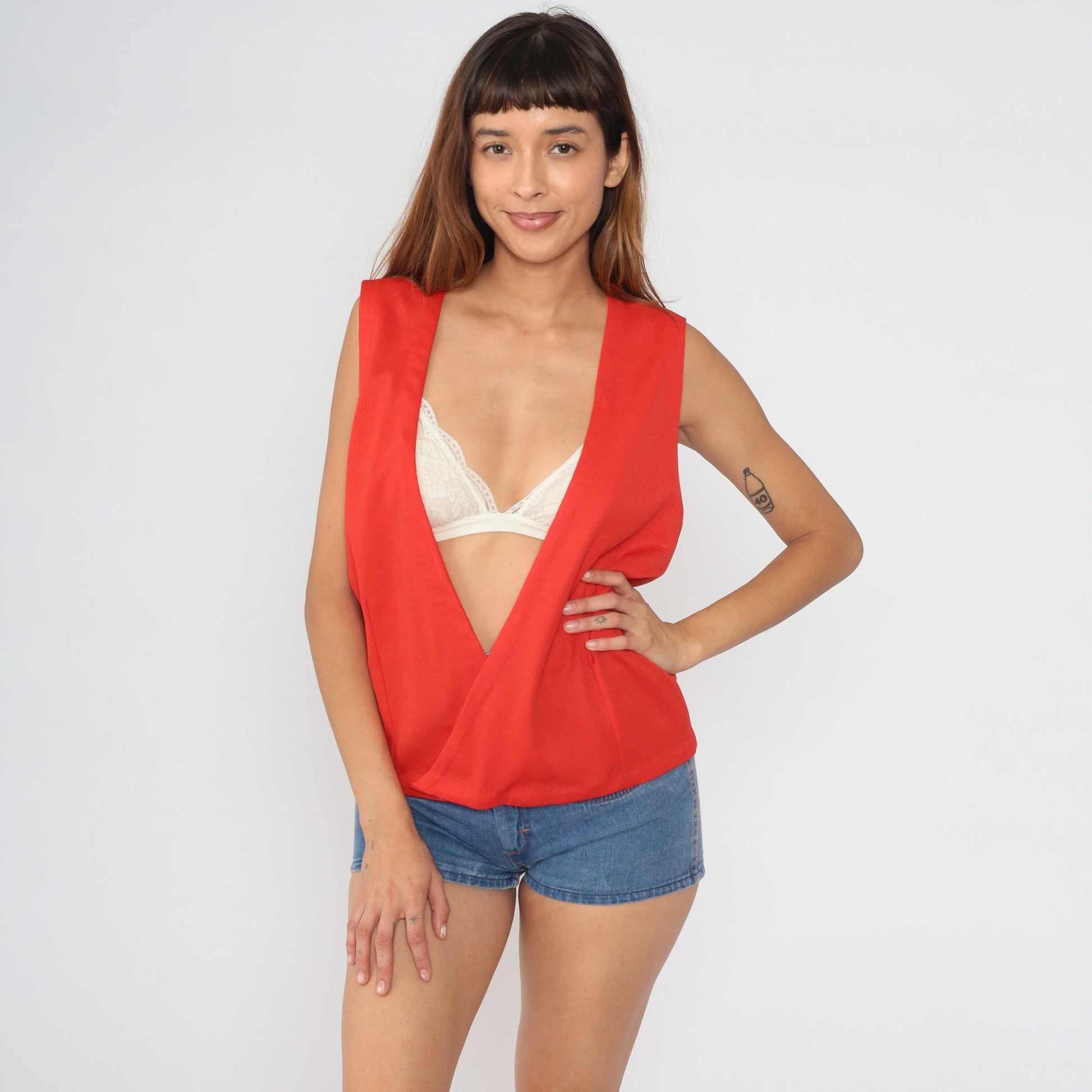 70s Red Wrap Vest Plunge Neckline Sleeveless Top Medium