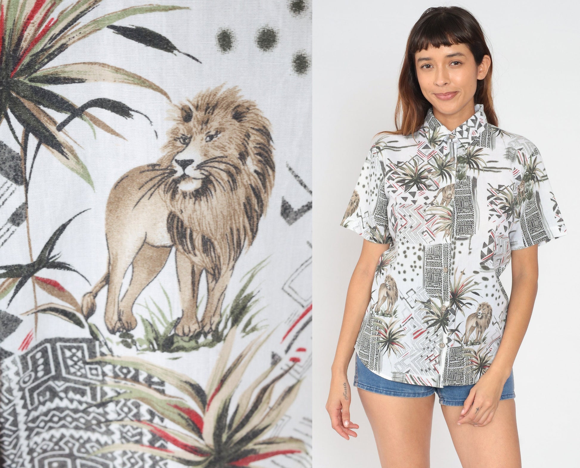 90s Safari Animal Print Button Up Shirt Jungle Zebra Lion Tiger Giraffe White Medium