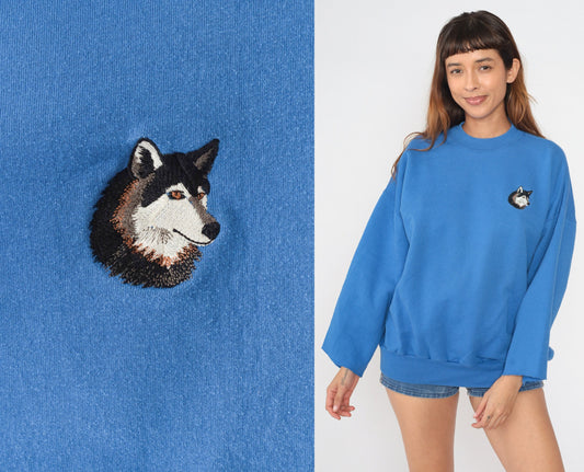 90s Blue Wolf Embroidered Sweatshirt Cutoff Crewneck Plus Size XXL