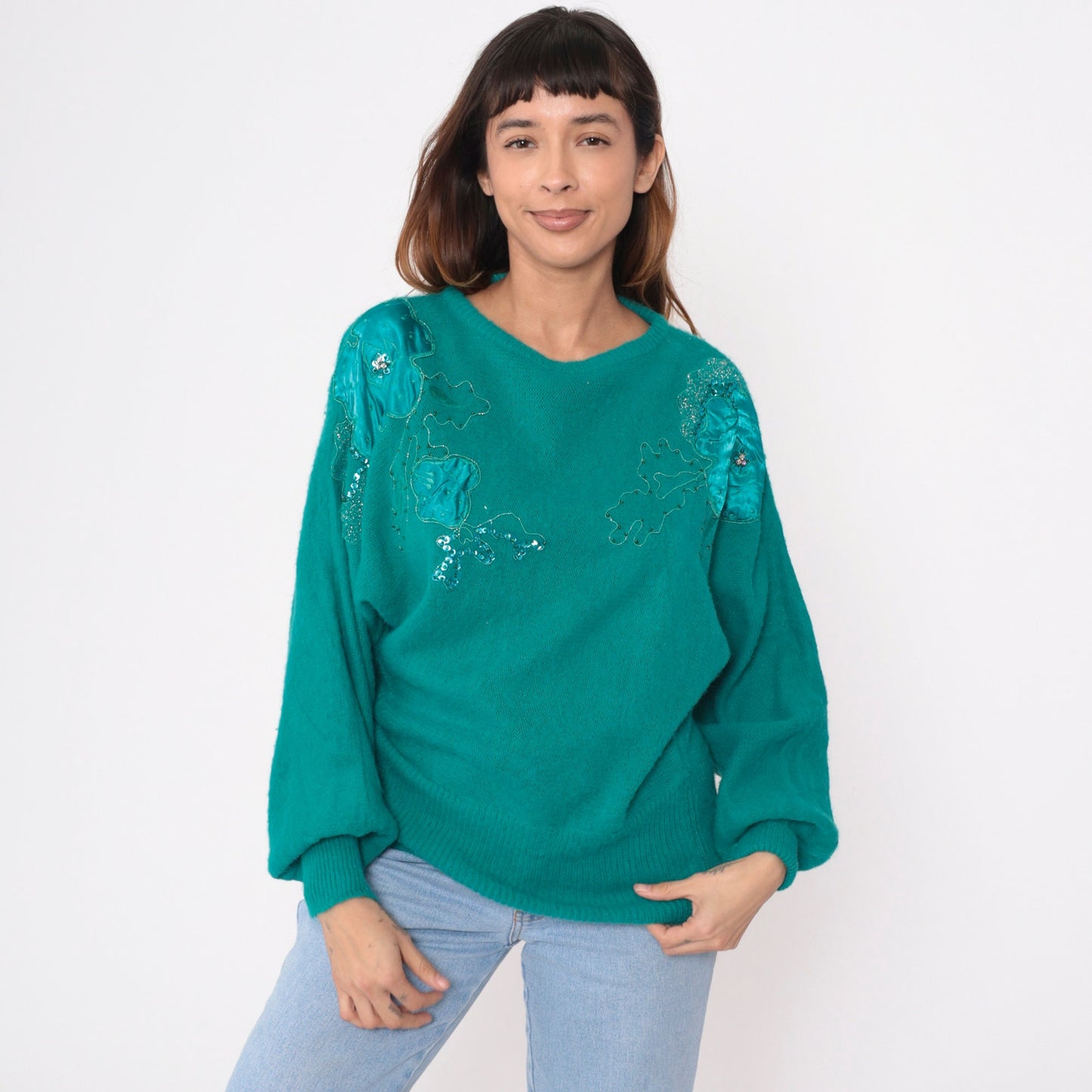 80s Green Sequin Floral Sweater Beaded Dolman Sleeve Knit Medium