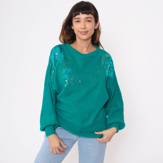 80s Green Sequin Floral Sweater Beaded Dolman Sleeve Knit Medium