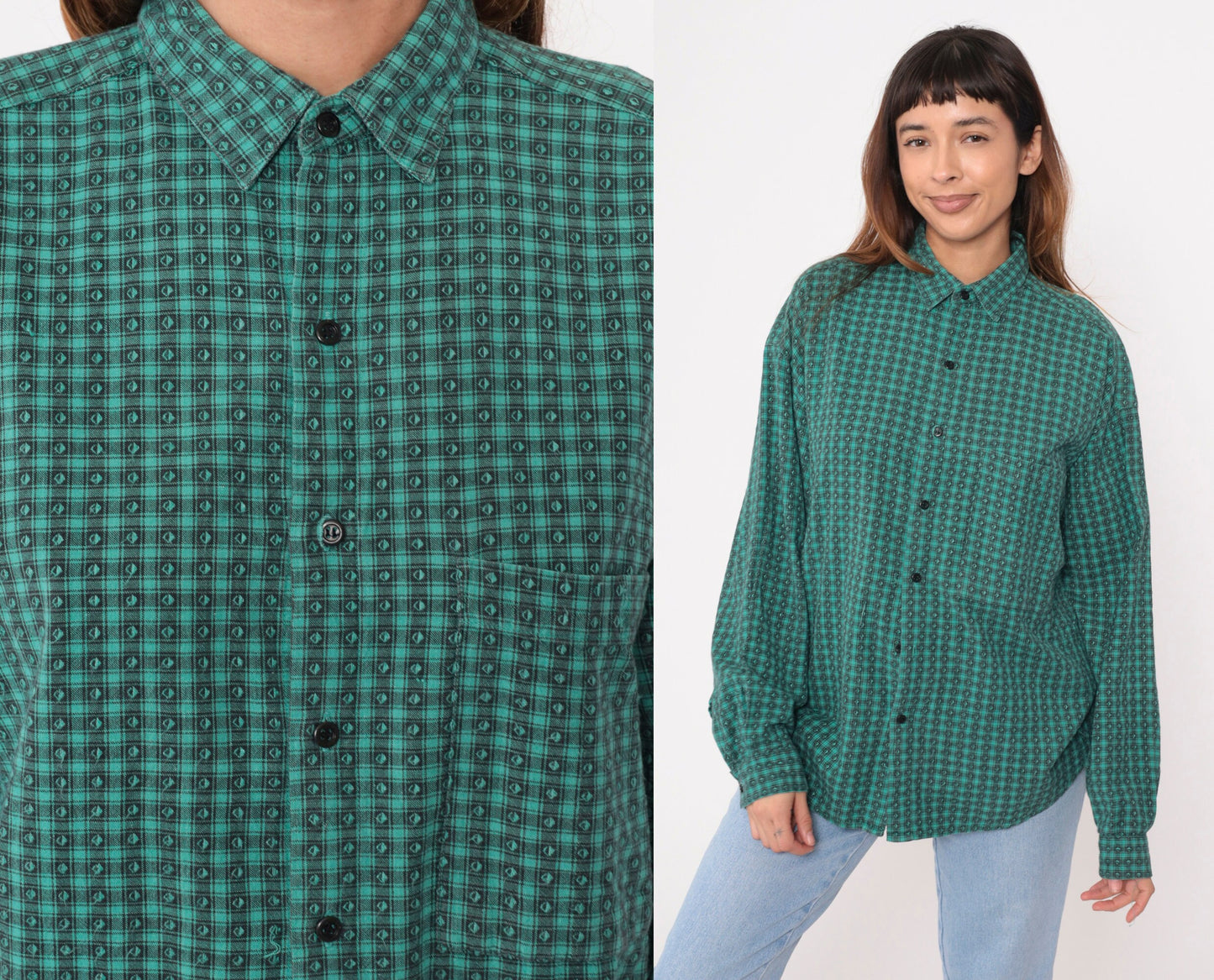 90s Green Black Checkered Button-Up Oxford Shirt Long Sleeve Men's Medium