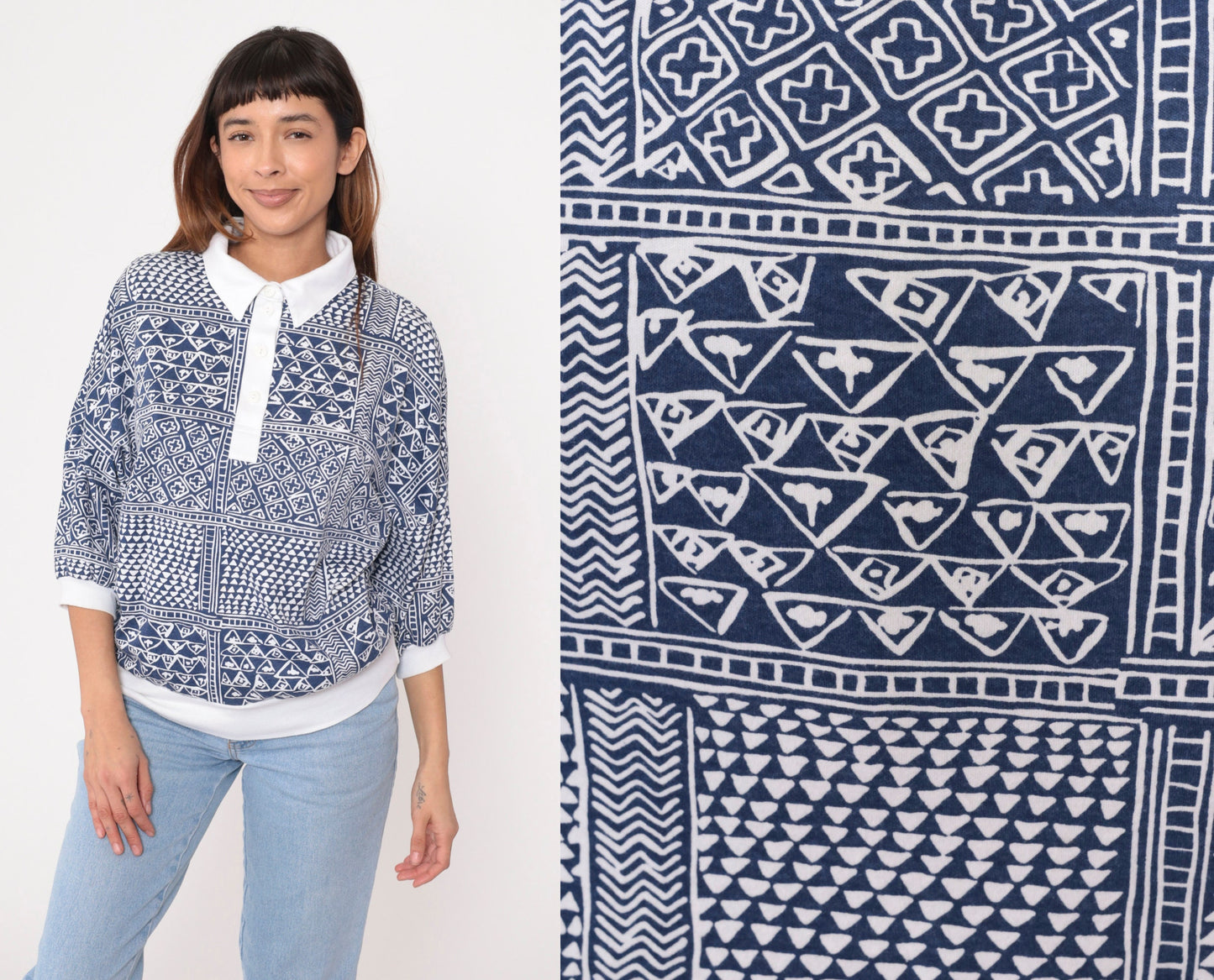 90s Drapers & Damons Polo Shirt Geometric Print Blue White Dolman Sleeve Large