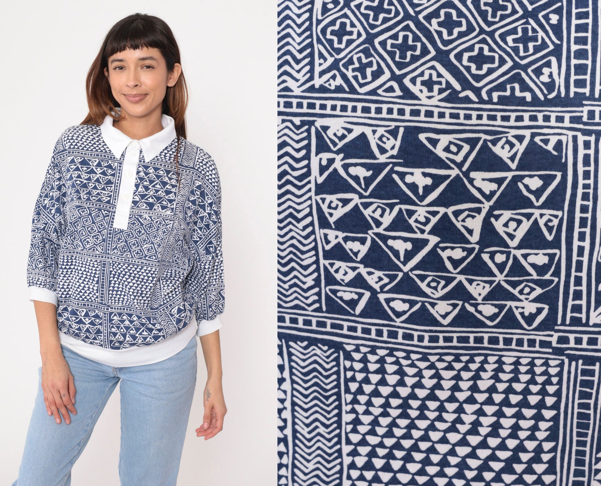 90s Drapers & Damons Polo Shirt Geometric Print Blue White Dolman Sleeve Large