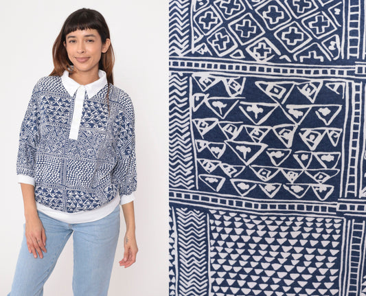 90s Drapers & Damons Polo Shirt Geometric Print Blue White Dolman Sleeve Large