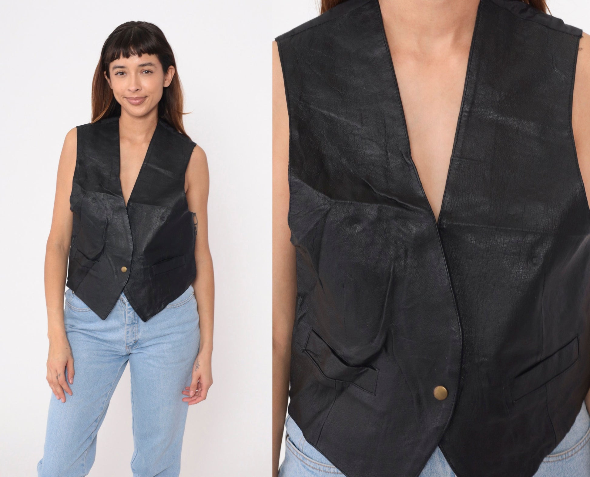 90s Black Leather Vest Single Snap V-Neck Sleeveless Top Small