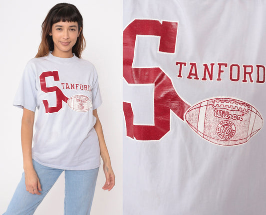 80s Stanford University Football Graphic T-Shirt Blue-Grey Medium