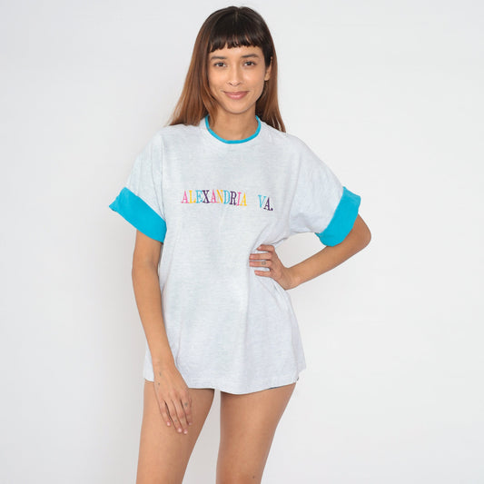 90s Alexandria Virginia Ringer Tee Embroidered Graphic Heather Grey Extra Large
