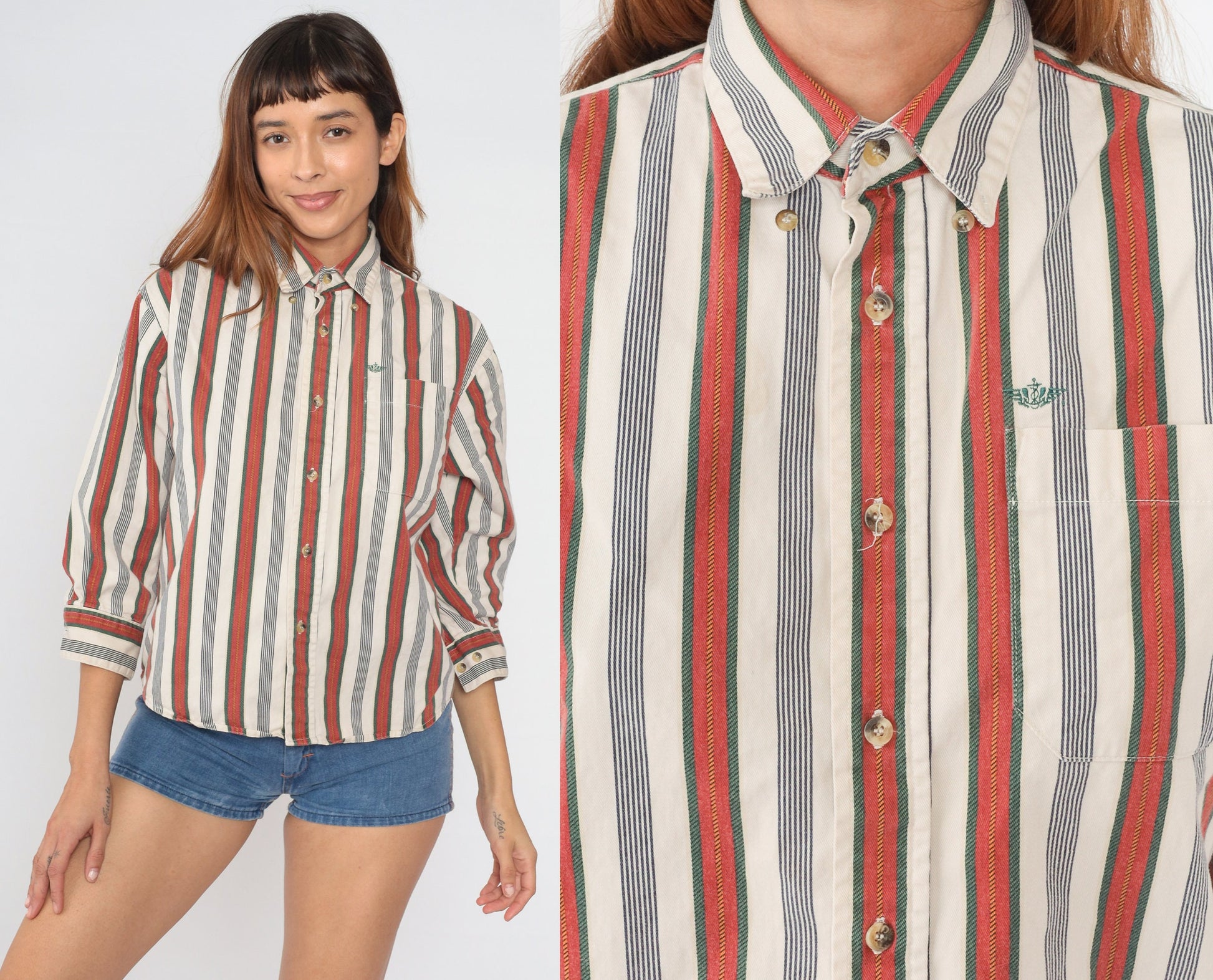 90s Dockers Striped Button-Up Shirt White Red Navy Green 3/4 Sleeve Medium