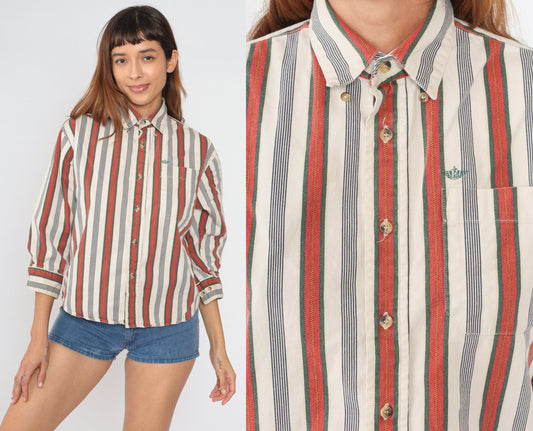 90s Dockers Striped Button-Up Shirt White Red Navy Green 3/4 Sleeve Medium