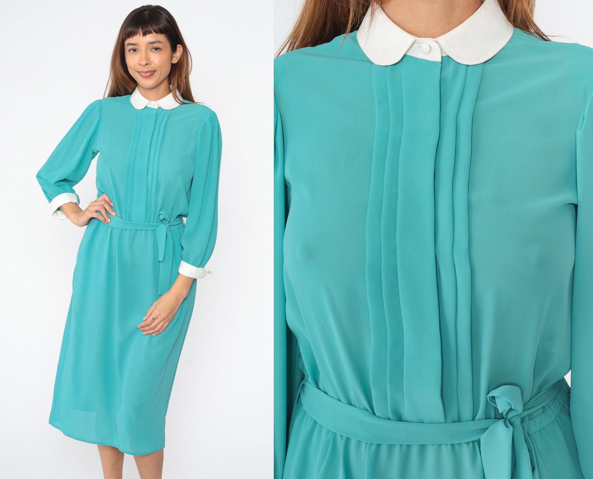 80s Turquoise Midi Dress Peter Pan Collar Puff Sleeve High Waist Small