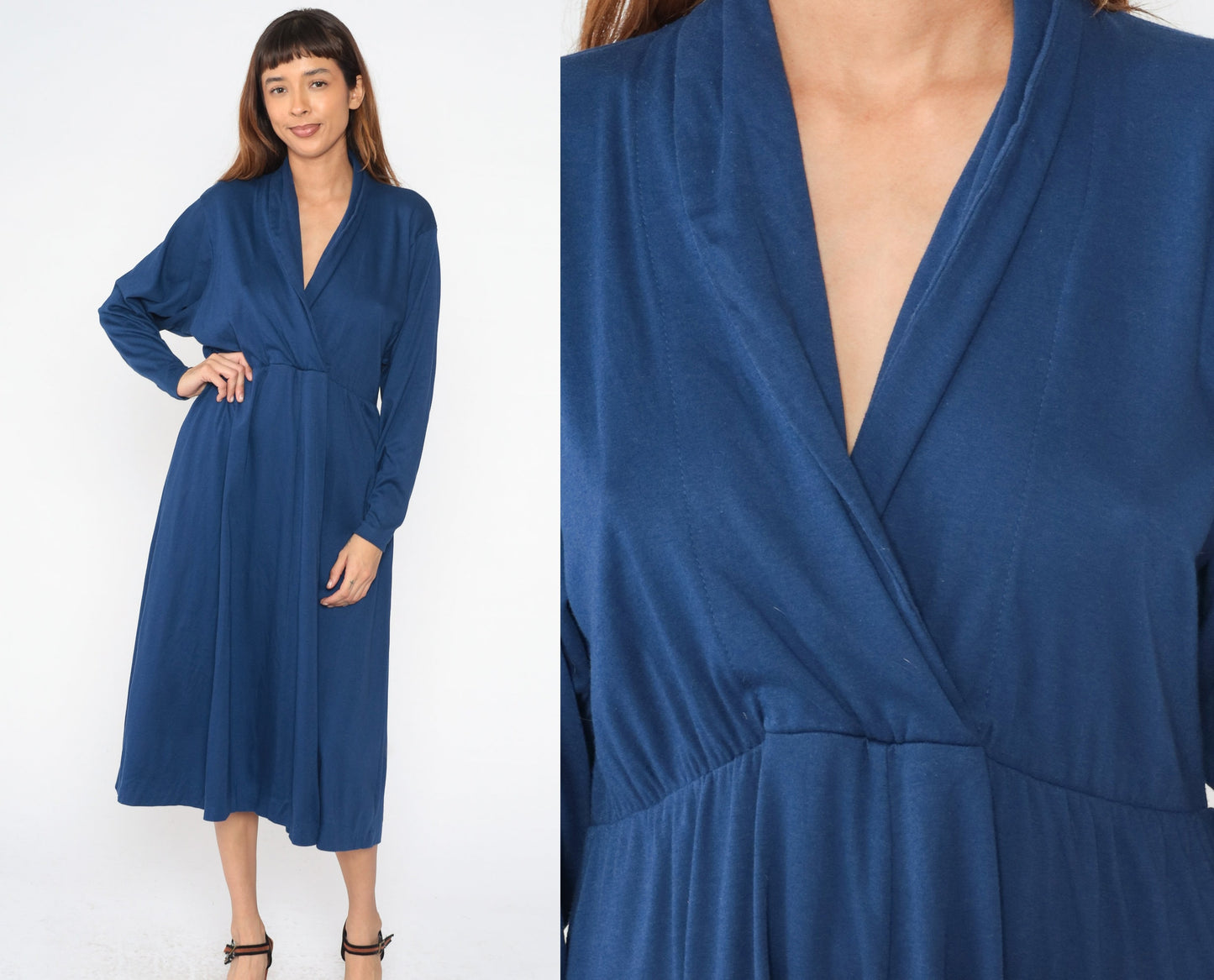 70s Dark Blue Wrap Midi Dress High Waist Surplice Long Sleeve Large 12