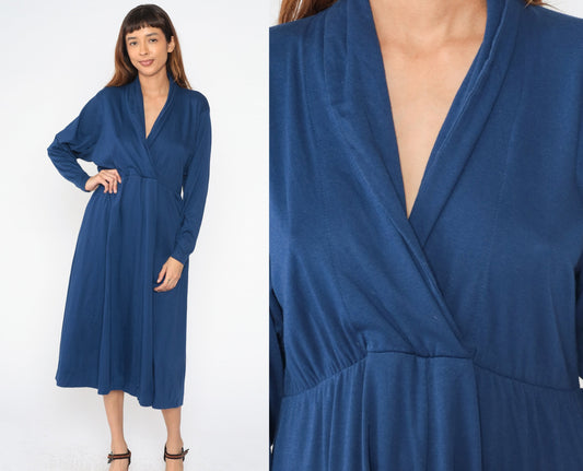 70s Dark Blue Wrap Midi Dress High Waist Surplice Long Sleeve Large 12