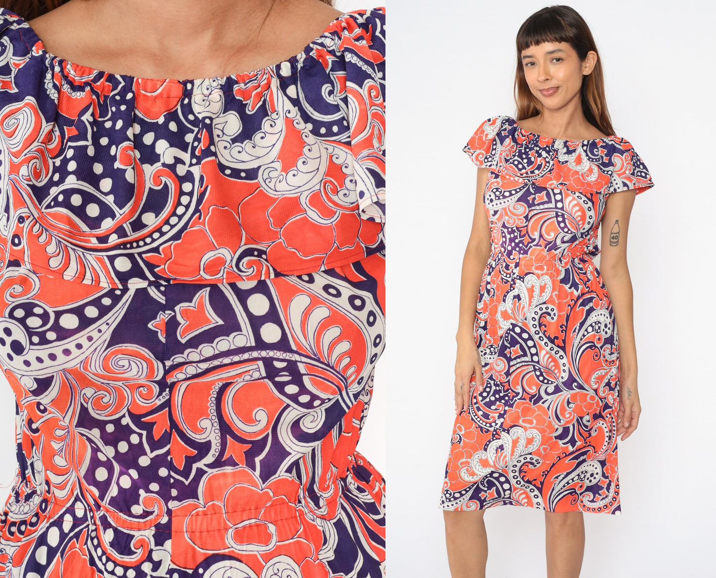 70s Psychedelic Paisley Midi Dress Off-Shoulder High Waist Purple Orange Small