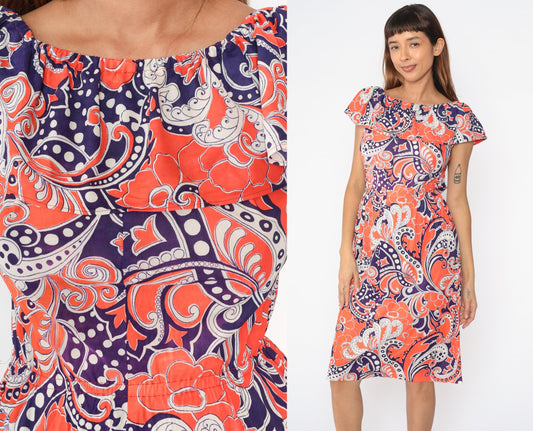 70s Psychedelic Paisley Midi Dress Off-Shoulder High Waist Purple Orange Small