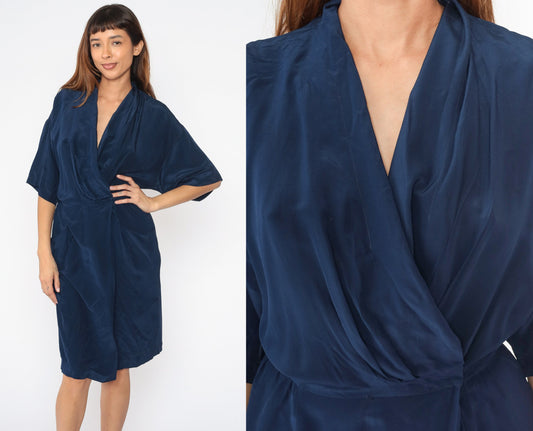 90s Navy Silk Wrap Dress Midi V-Neck High Waist Half Sleeve Small