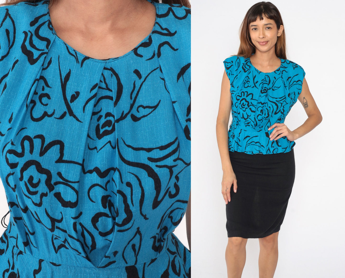 80s Floral Peplum Dress Blue Abstract Print Black Pencil Midi Small