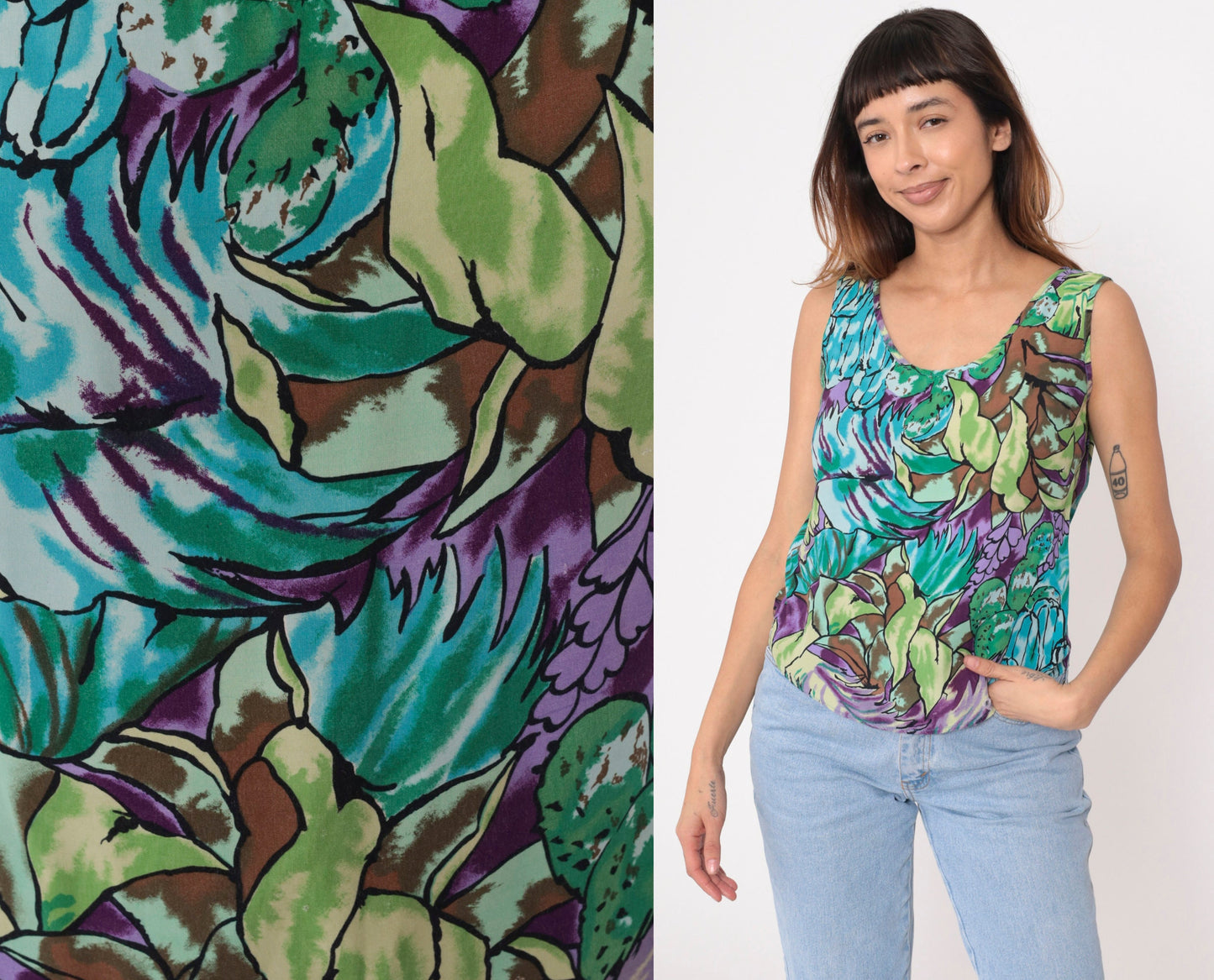 90s Botanical Abstract Leaf Tank Top Rayon Scoop Neck Green Small
