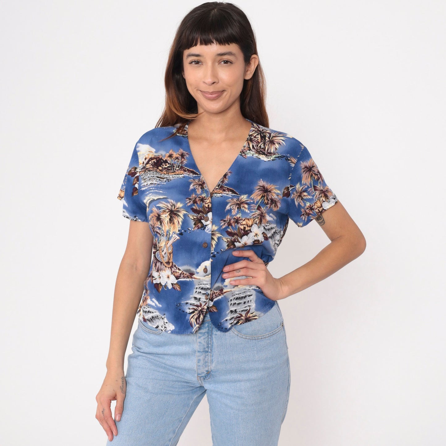 Y2K Ocean Pacific Hawaiian Shirt Blue Tropical Ukulele Print Button Up Extra Large