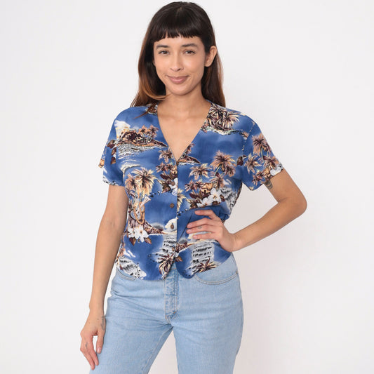 Y2K Ocean Pacific Hawaiian Shirt Blue Tropical Ukulele Print Button Up Extra Large