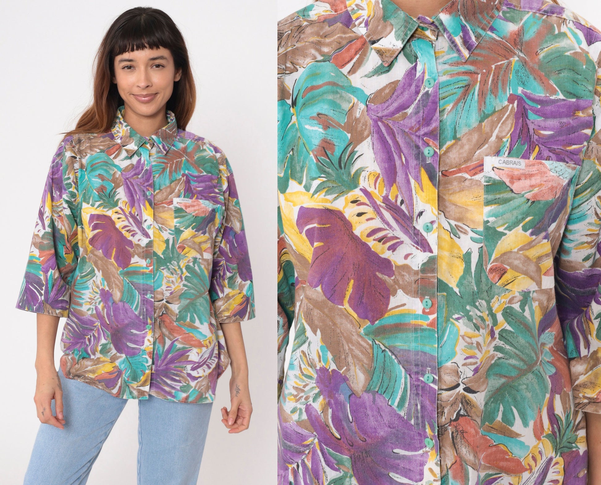90s Tropical Leaf Print Button-Up Blouse Turquoise Purple 3/4 Sleeve Large