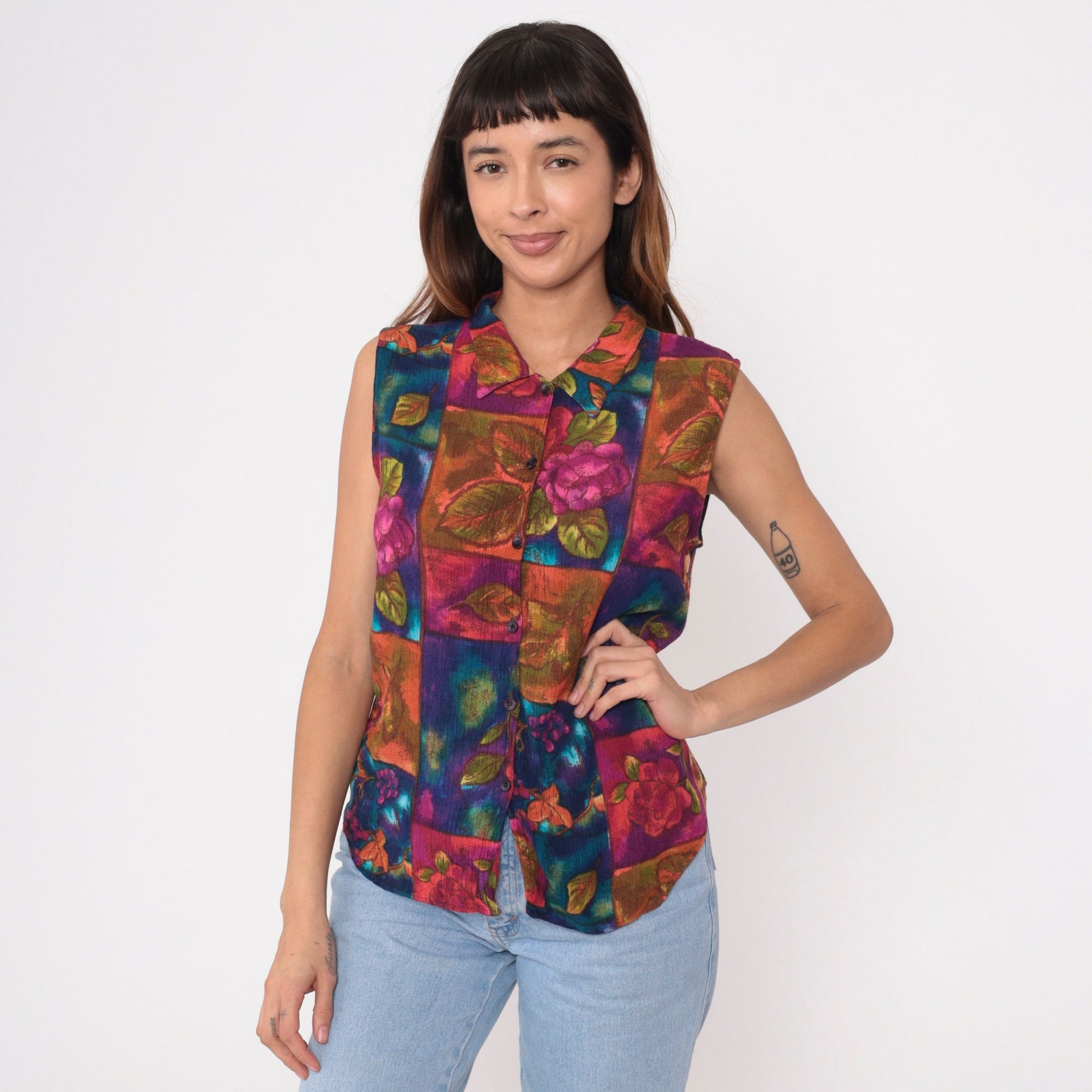 90s Floral Patchwork Button-Up Tank Top Rayon Sleeveless Blouse Medium