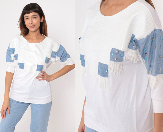 90s Southwestern Studded Beaded White T-Shirt Vinyl Snakeskin 3/4 Sleeve Medium