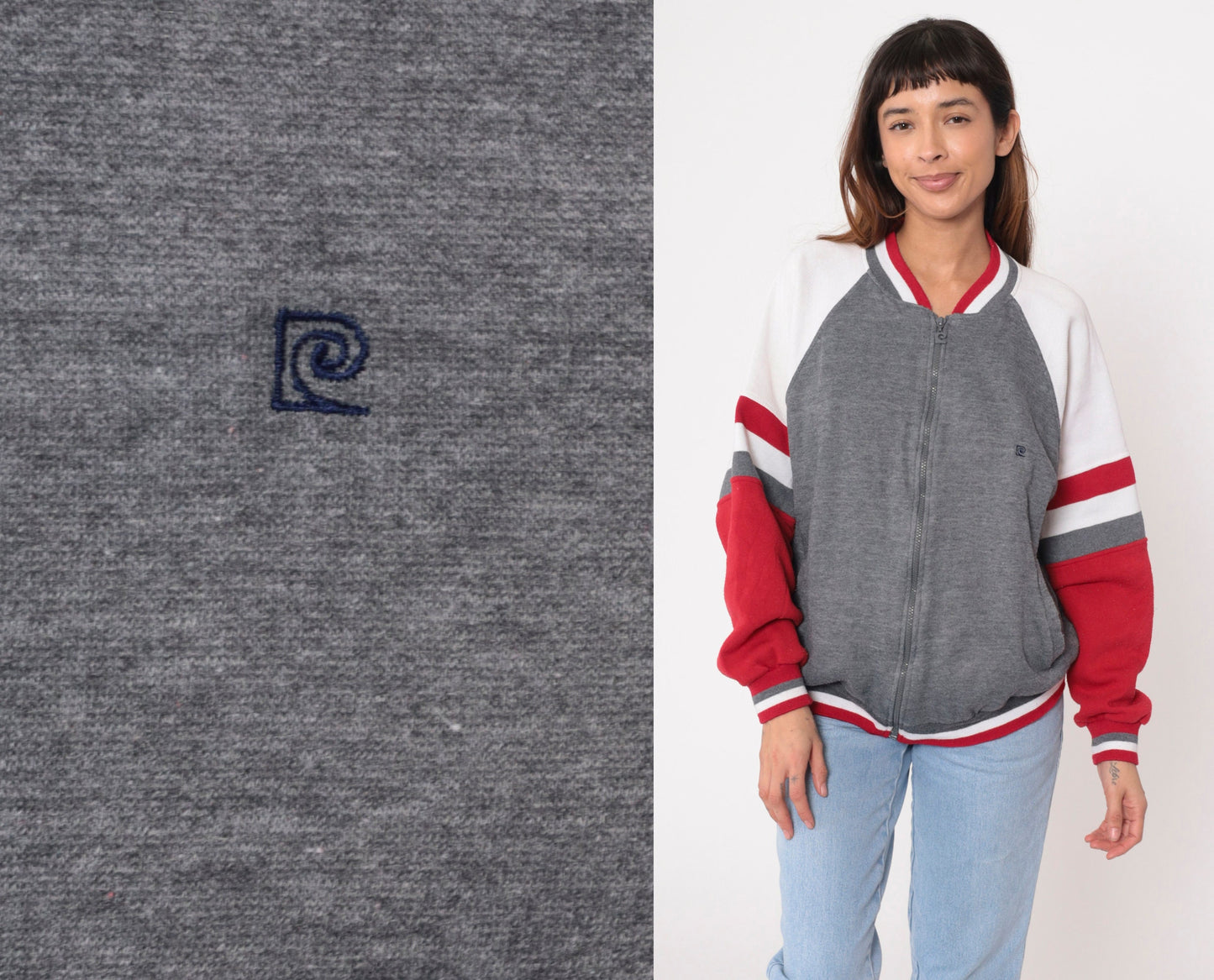 90s Pierre Cardin Zip-Up Sweatshirt Heather Grey Red White Stripe Large L