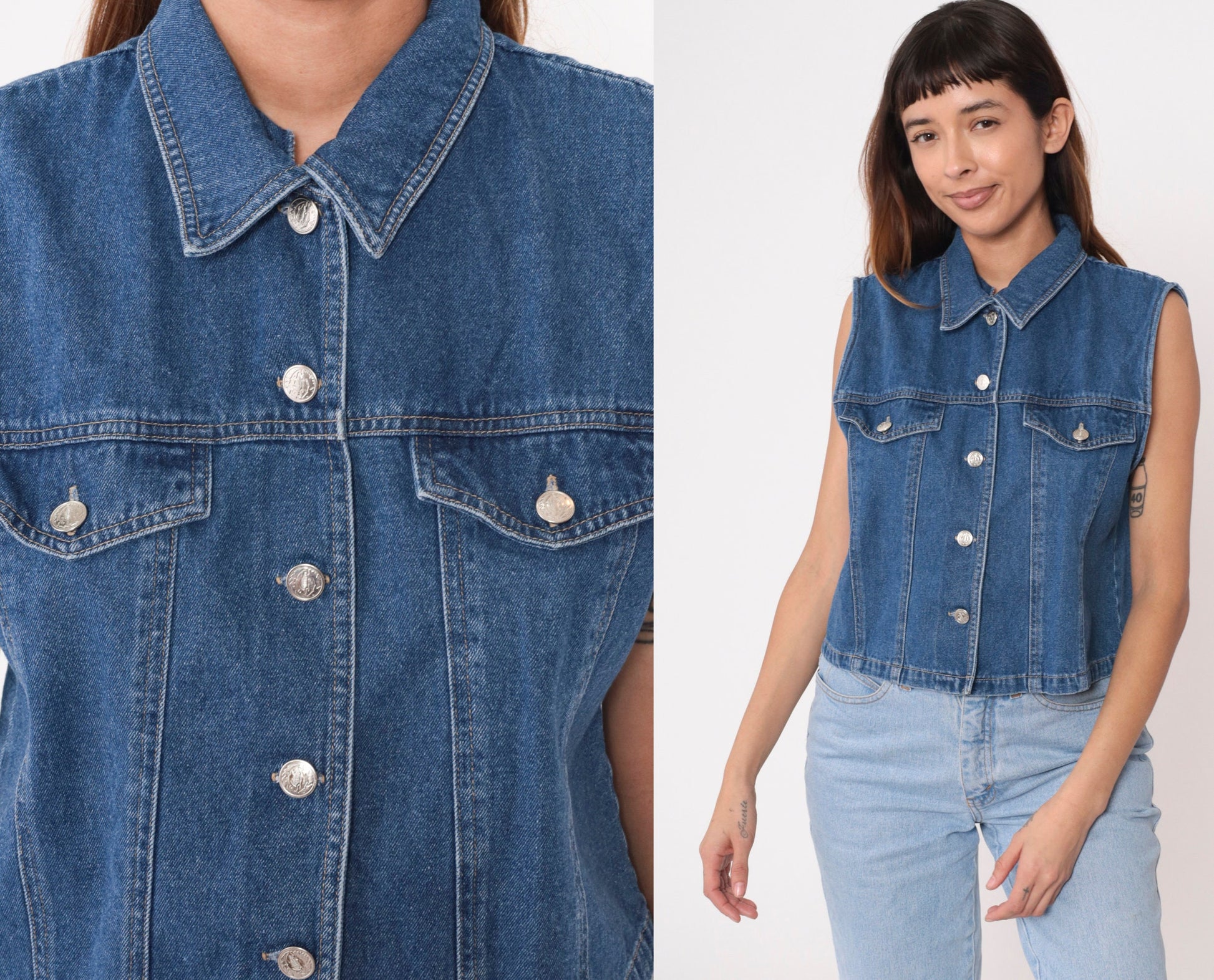 90s Blue Denim Sleeveless Button-Up Shirt Collared Tank Medium