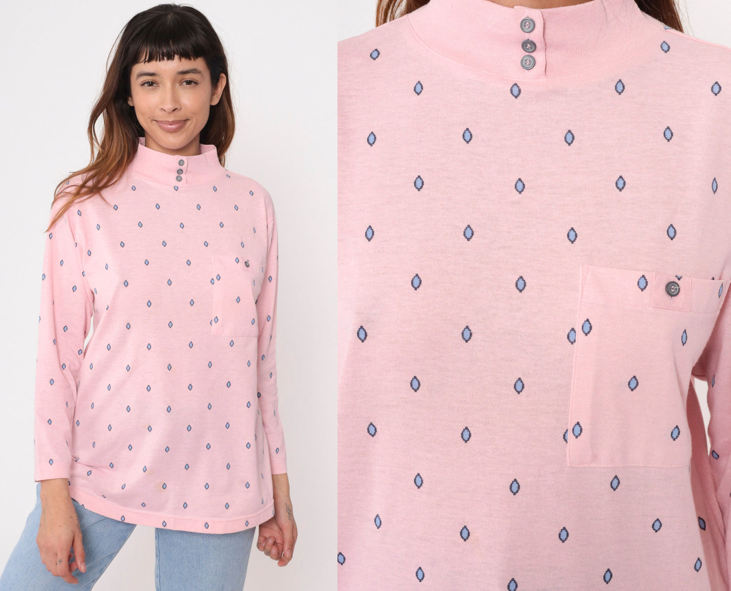90s Baby Pink Geometric Mock Neck Long Sleeve Shirt Small