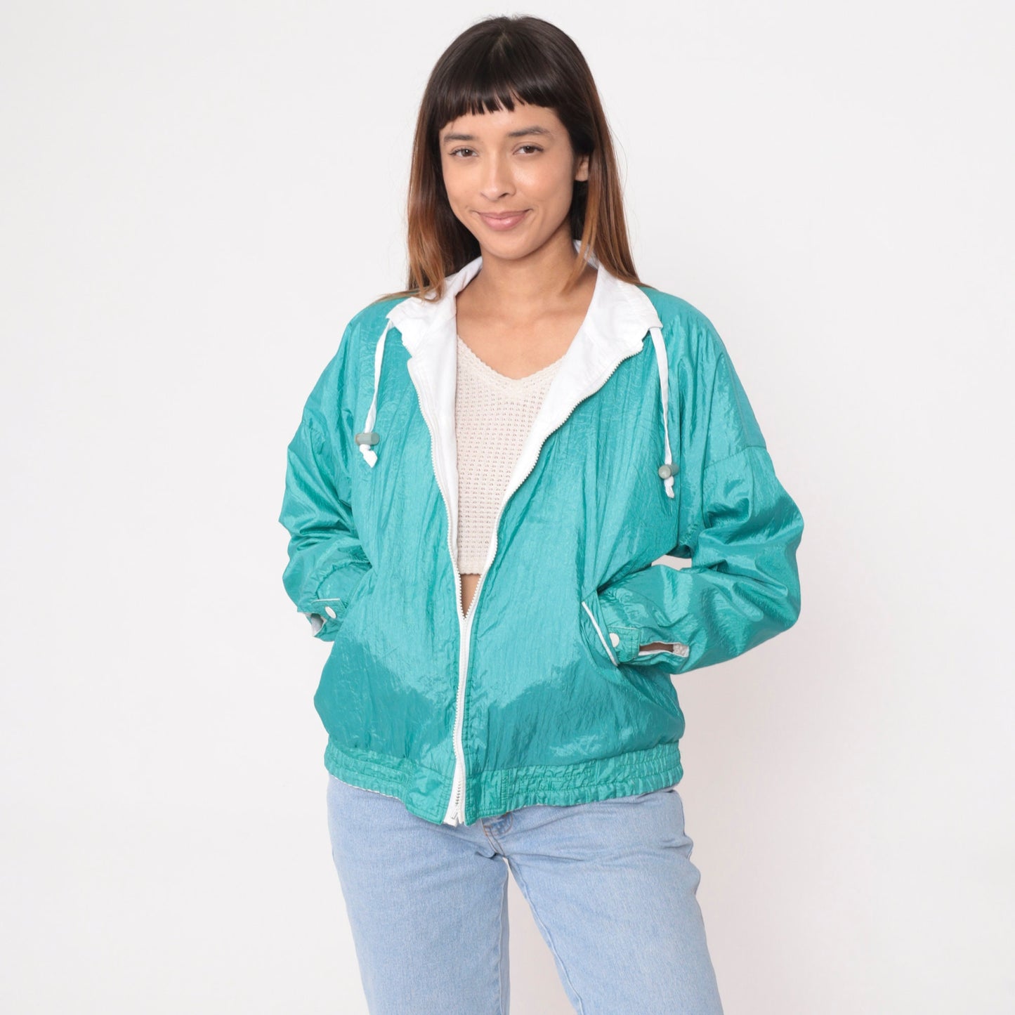 90s Reversible Windbreaker White Turquoise Mesh Trim Jacket Medium