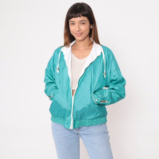 90s Reversible Windbreaker White Turquoise Mesh Trim Jacket Medium