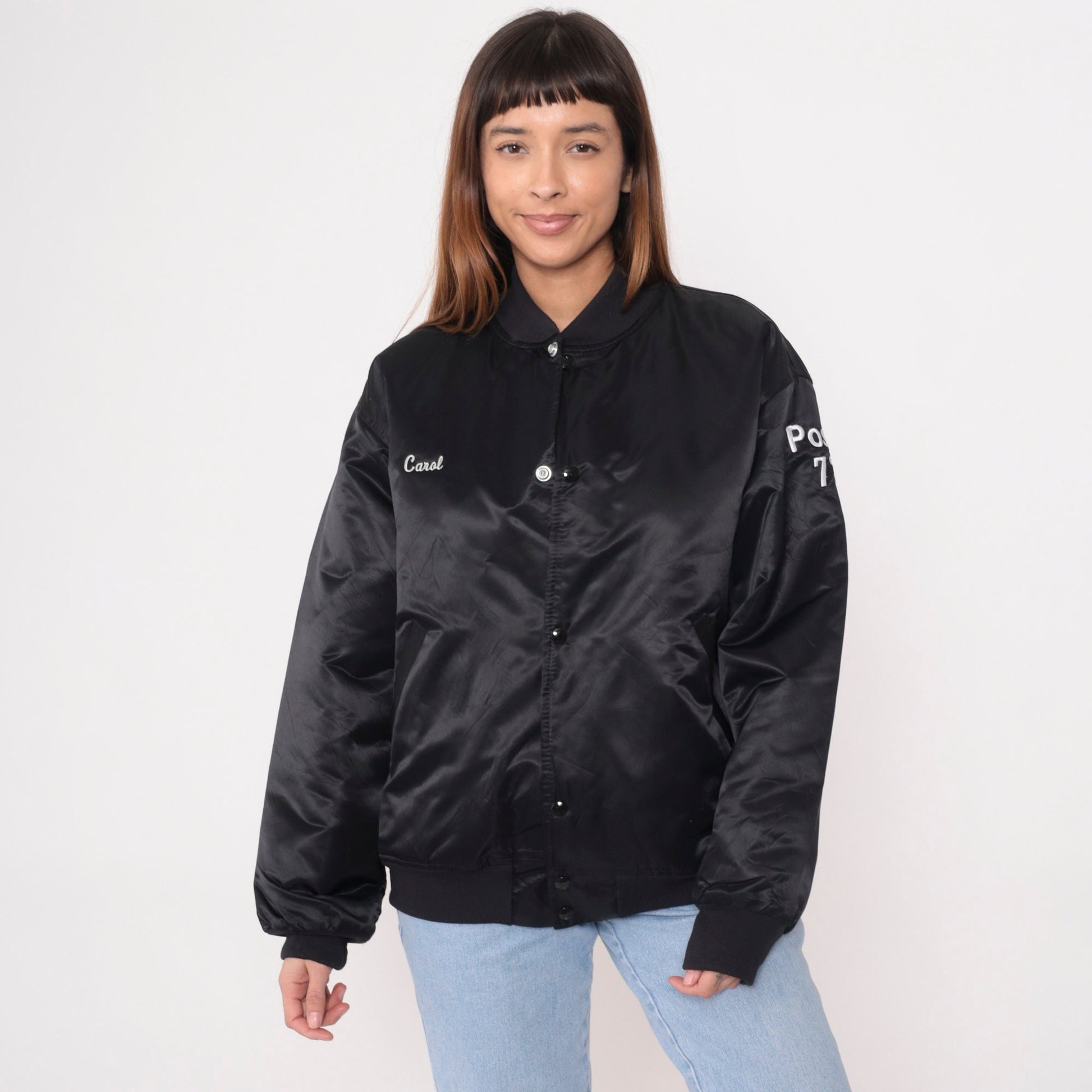 90s AMVETS Bomber Jacket Black Nylon Satin Snap Buffalo NY Large