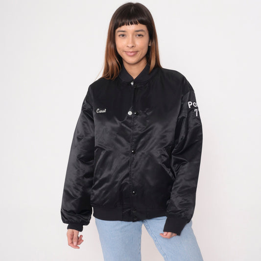 90s AMVETS Bomber Jacket Black Nylon Satin Snap Buffalo NY Large