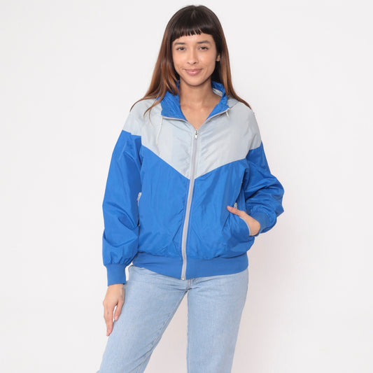 80s Nike Colour Block Hooded Windbreaker Grey Blue Raglan Medium Large
