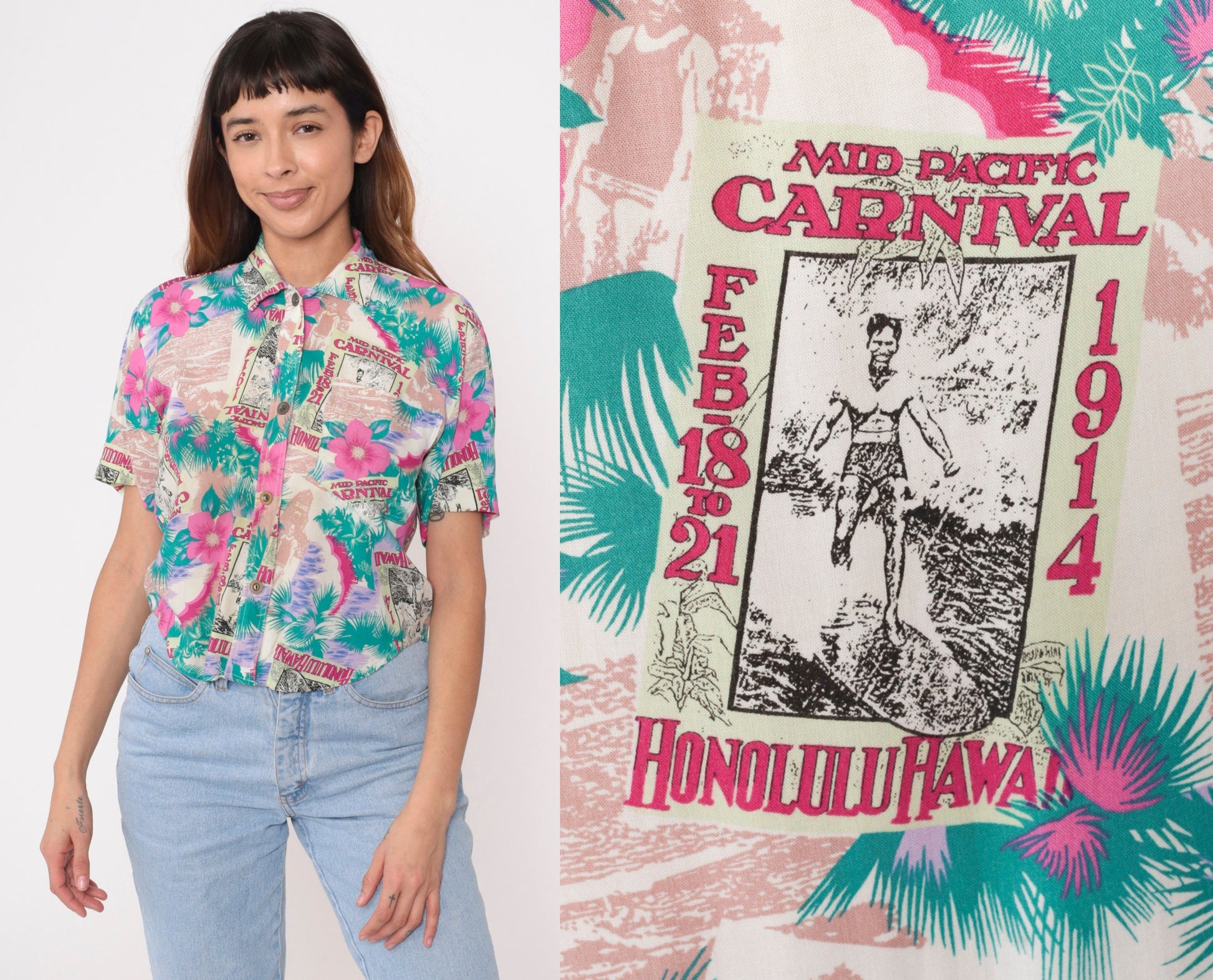 90s Duke Kahanamoku Mid-Pacific Carnival Honolulu Tropical Button Up Shirt Extra Small