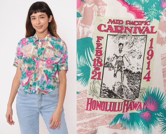 90s Duke Kahanamoku Mid-Pacific Carnival Honolulu Tropical Button Up Shirt Extra Small